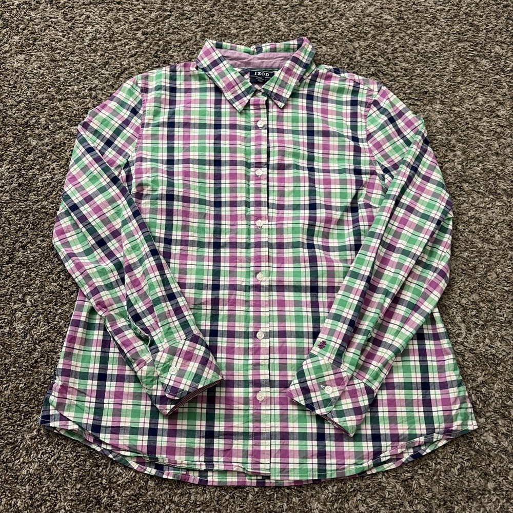 Izod Women's Button Up Shirt Purple Green Plaid Size Large
